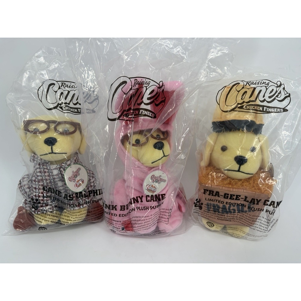 Raising Cane's A Christmas Story Plush Set Of 3 Fra-Gee-Lay Ralphie Pink Bunny